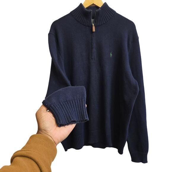 Polo Ralph Lauren Mens Vtg 90s Y2K Preppy Quarter Zip Heavy Knit Sweater XL Navy - Picture 4 of 10
